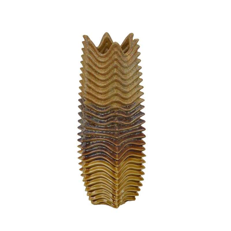 Barny Decorative Vase with Layered Waves- Textured Brown Ceramic 16 Inch