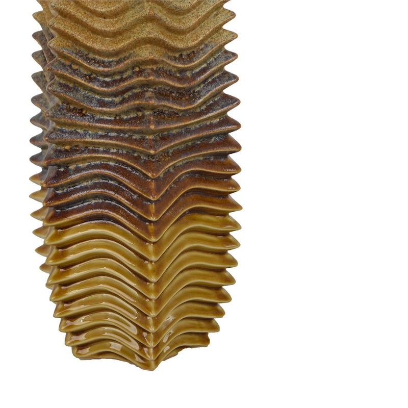 Barny Decorative Vase with Layered Waves- Textured Brown Ceramic 16 Inch
