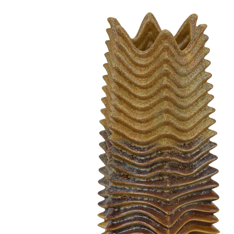 Barny Decorative Vase with Layered Waves- Textured Brown Ceramic 16 Inch