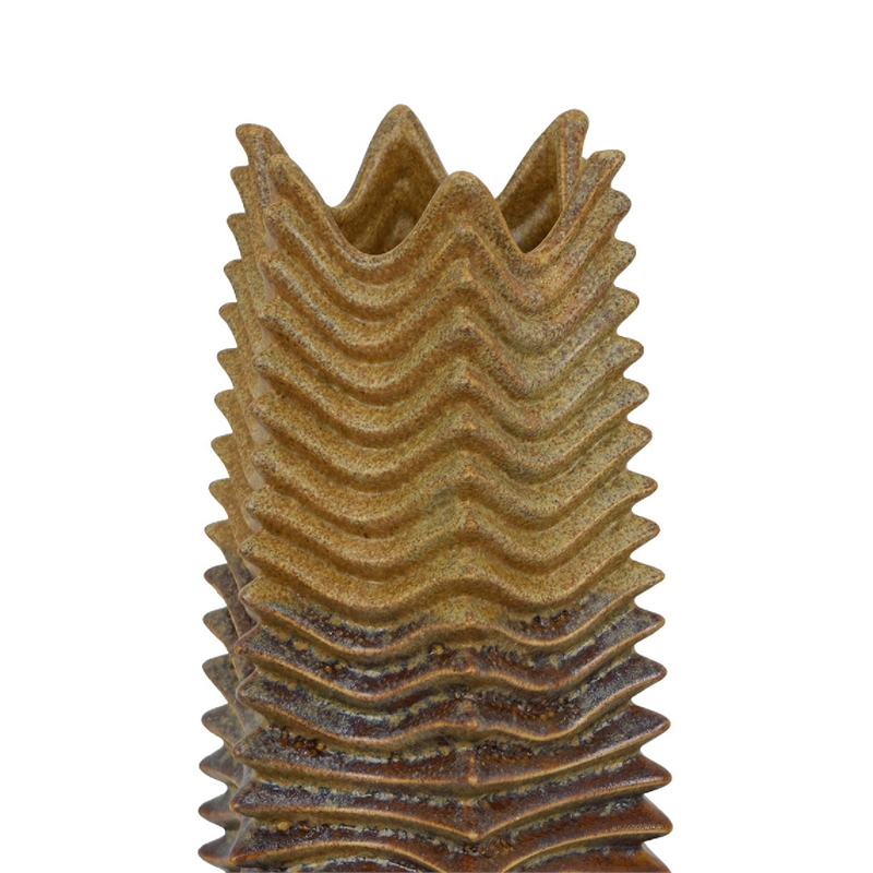 Barny Decorative Vase with Layered Waves- Textured Brown Ceramic 16 Inch