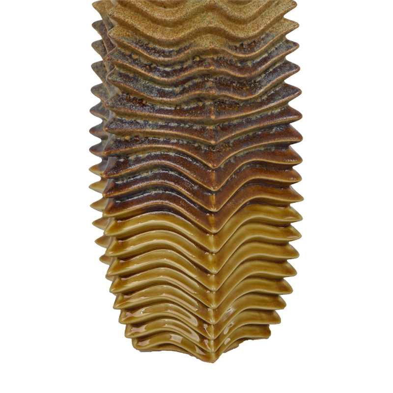 Barny Decorative Vase with Layered Waves- Textured Brown Ceramic 16 Inch