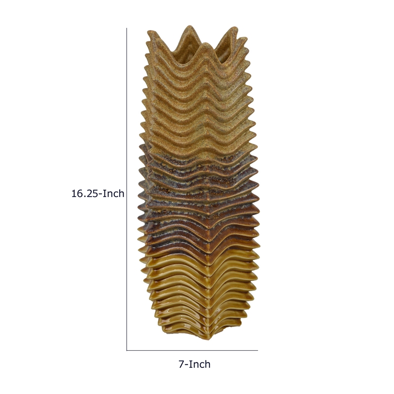 Barny Decorative Vase with Layered Waves- Textured Brown Ceramic 16 Inch
