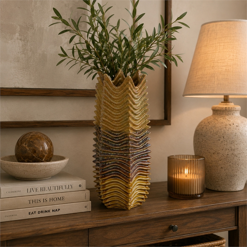 Barny Decorative Vase with Layered Waves- Textured Brown Ceramic 16 Inch