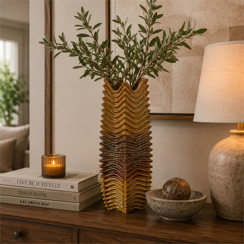 Barny Decorative Vase with Layered Waves- Textured Brown Ceramic 16 Inch