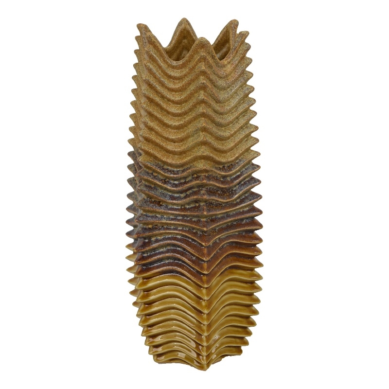 Barny Decorative Vase with Layered Waves- Textured Brown Ceramic 16 Inch