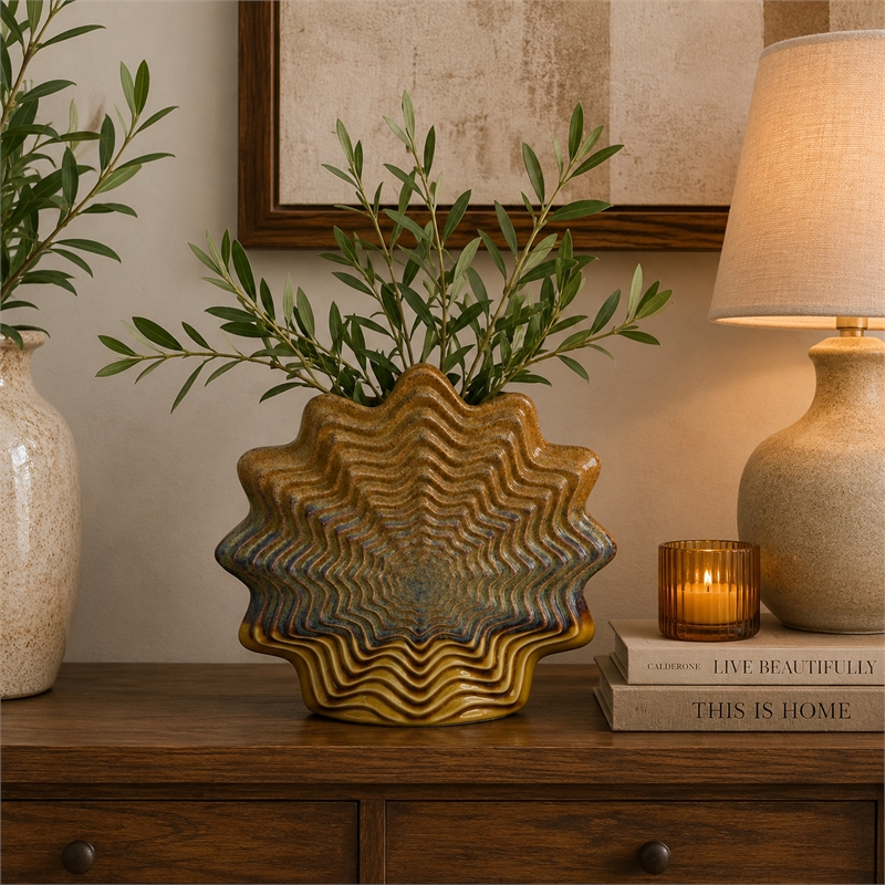 Modern Vase with Wavy Sculptural Design- Brown Textured Ceramic 12 Inch