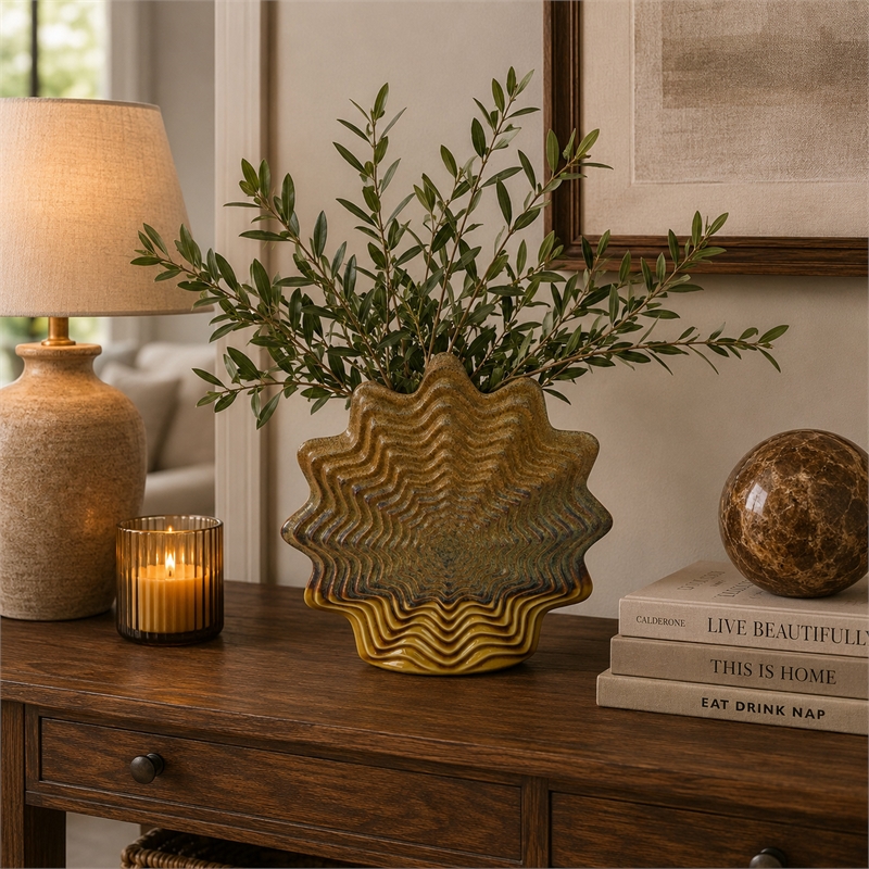 Modern Vase with Wavy Sculptural Design- Brown Textured Ceramic 12 Inch