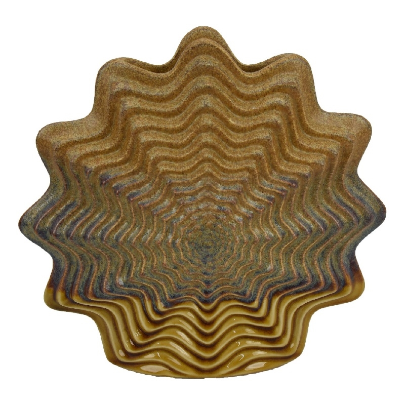 Modern Vase with Wavy Sculptural Design- Brown Textured Ceramic 12 Inch