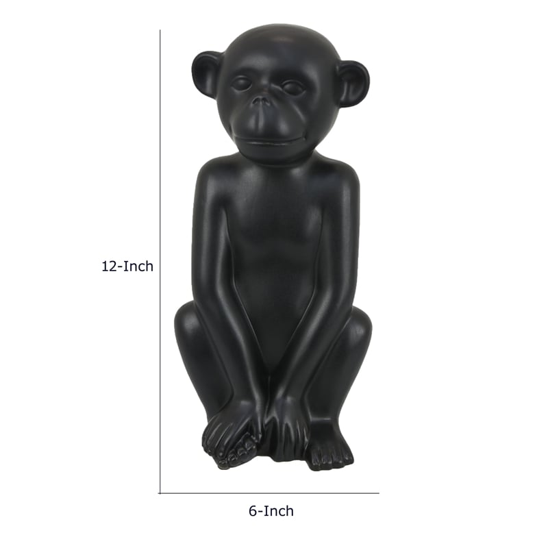 Decorative Monkey Sculpture in Seated Pose- Matte Black Ceramic 12 Inch