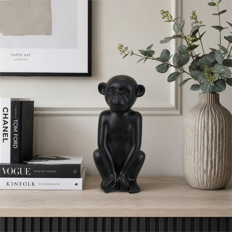 Decorative Monkey Sculpture in Seated Pose- Matte Black Ceramic 12 Inch