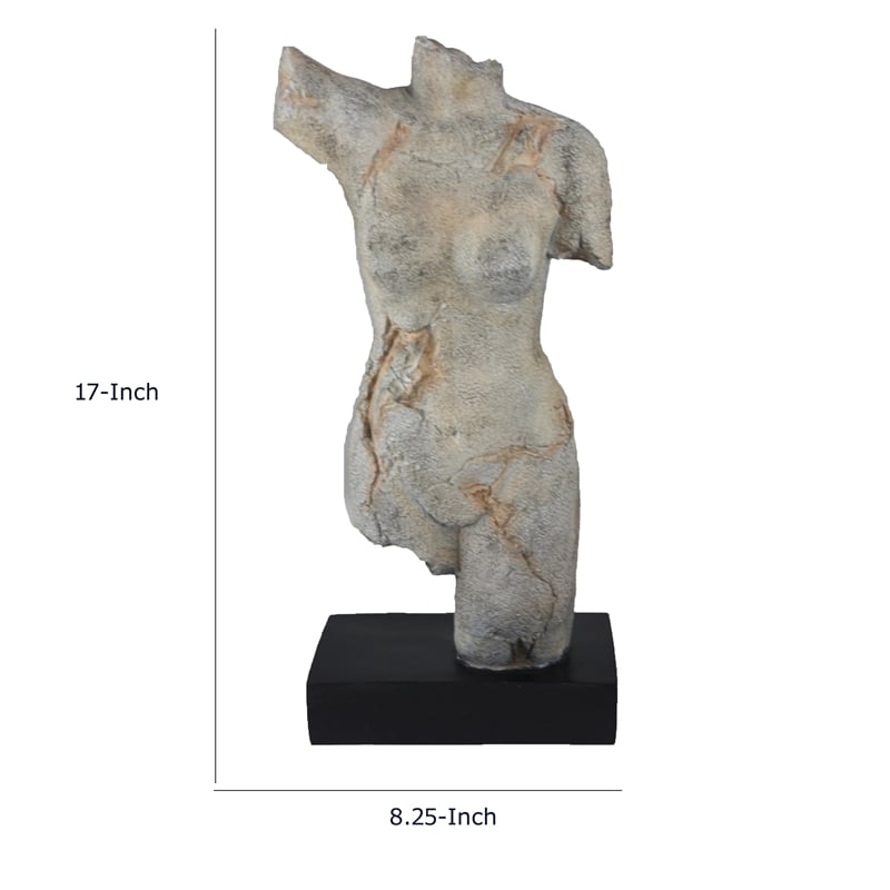 Ricky Female Torso Sculpture- Black Base- Distress Gray Resin 17 Inch