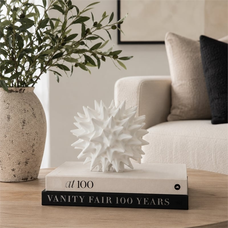 Saima Decorative Orb Sculpture with Spiked Patterns- White Resin 9 Inch