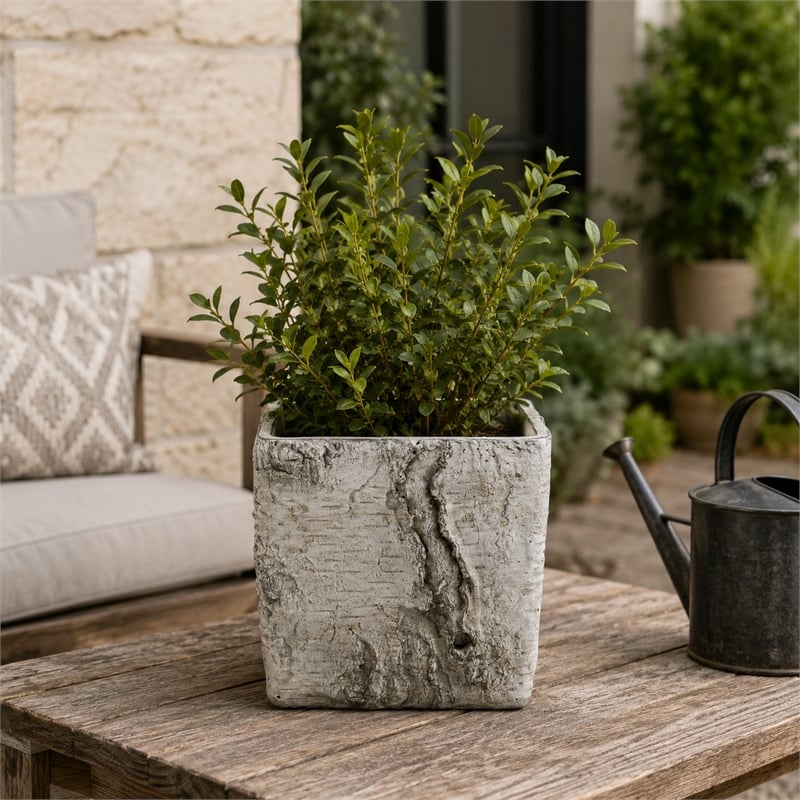 Outdoor Decorative Planter- Faux Bois Textured Terracotta- 7 Inch Gray