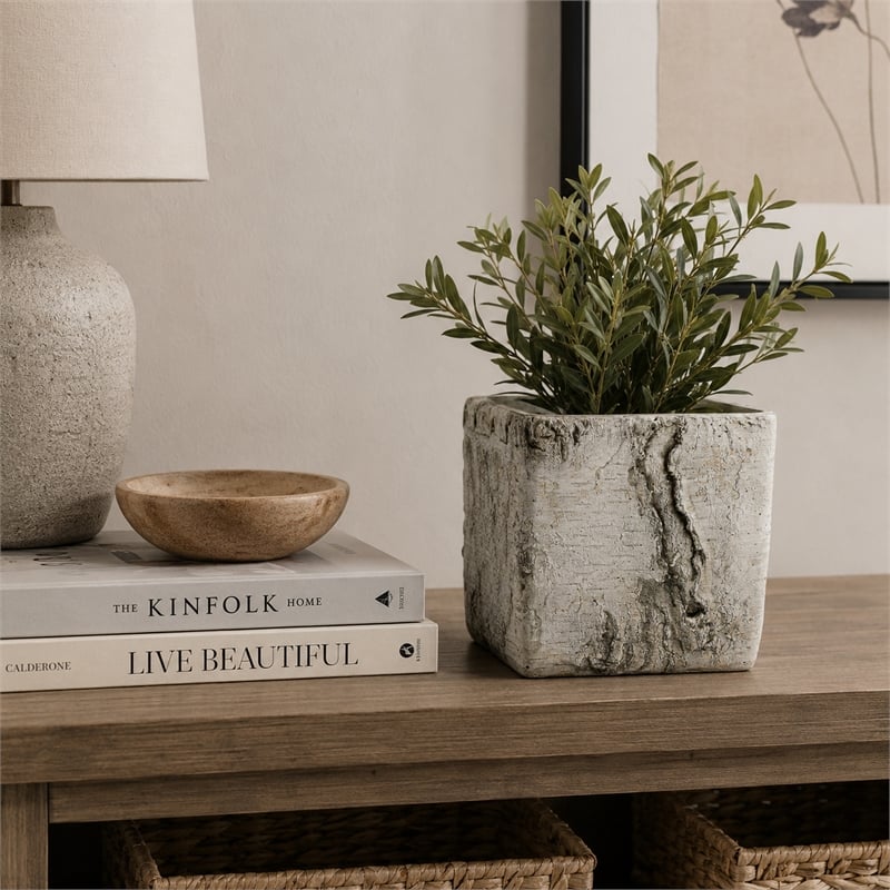 Outdoor Decorative Planter- Faux Bois Textured Terracotta- 7 Inch Gray
