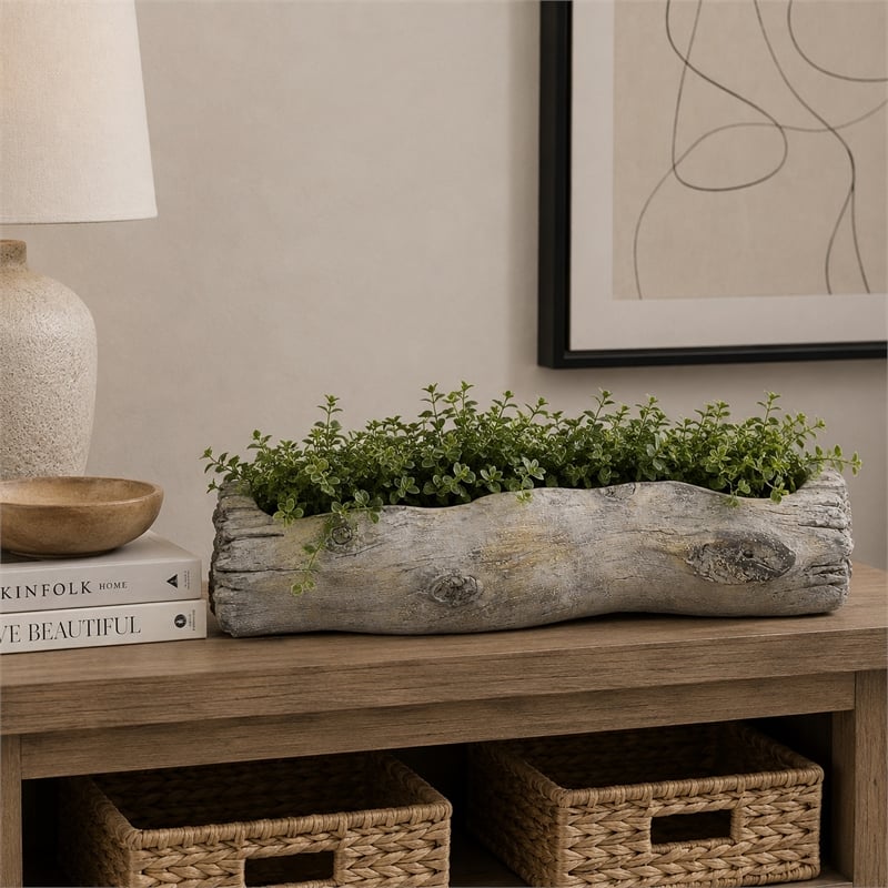 Decorative Faux Log Planter- Driftwood Style Terracotta- 13 Inch Gray