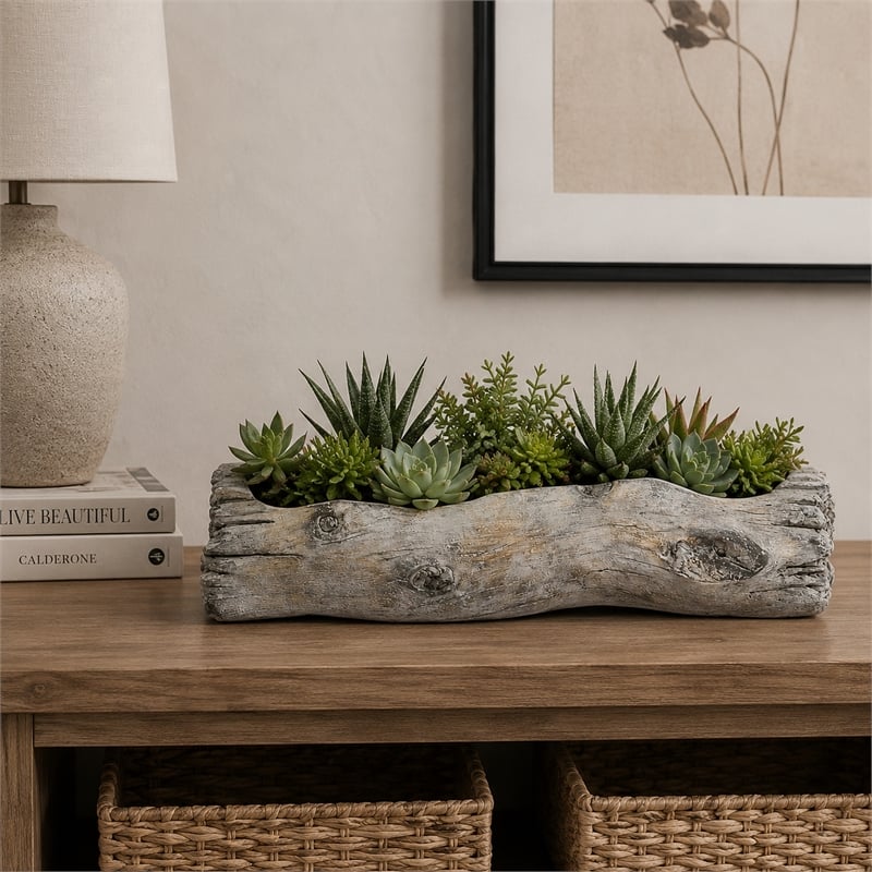 Decorative Faux Log Planter- Driftwood Style Terracotta- 13 Inch Gray