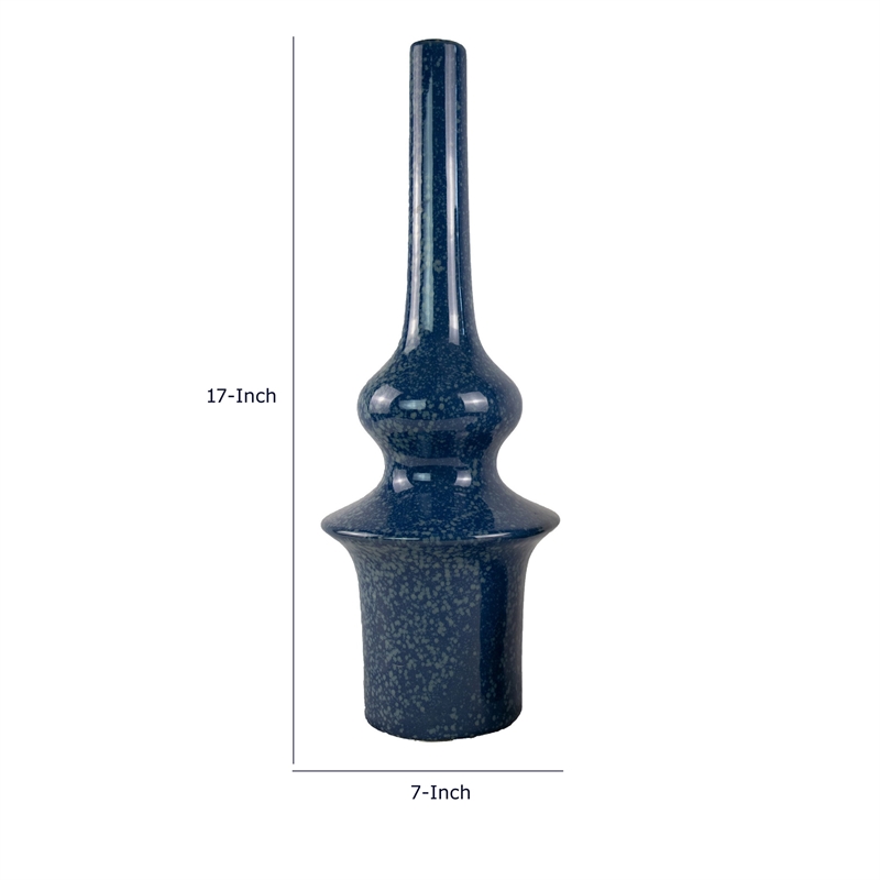 Fea Decorative Flower Vase- Narrow Mouth- Turned Blue Ceramic- 21 Inch