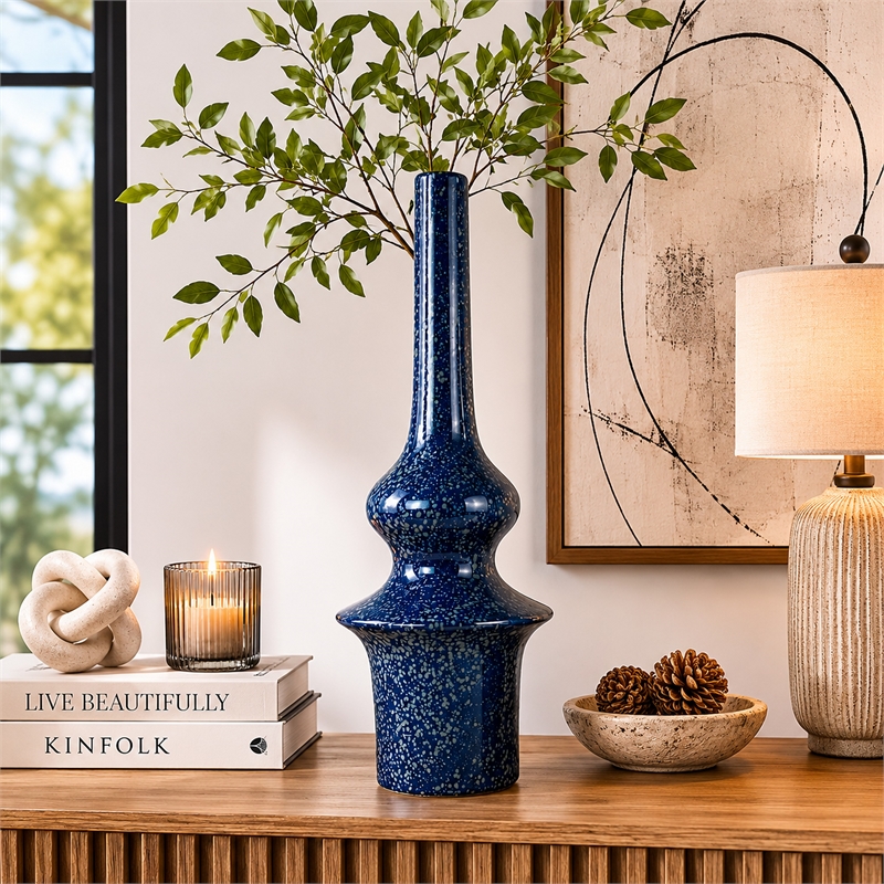 Fea Decorative Flower Vase- Narrow Mouth- Turned Blue Ceramic- 21 Inch