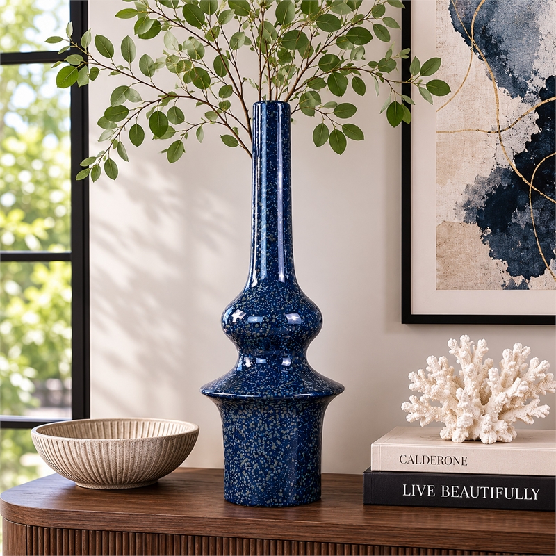 Fea Decorative Flower Vase- Narrow Mouth- Turned Blue Ceramic- 21 Inch