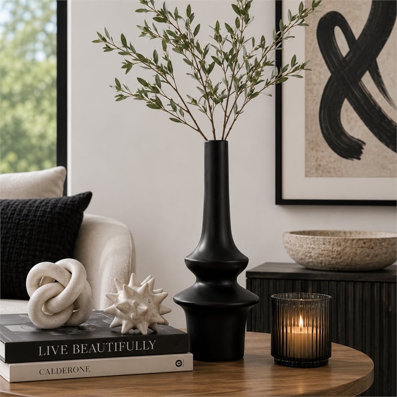 Fea Decorative Flower Vase- Narrow Mouth- Turned Black Ceramic- 17 Inch
