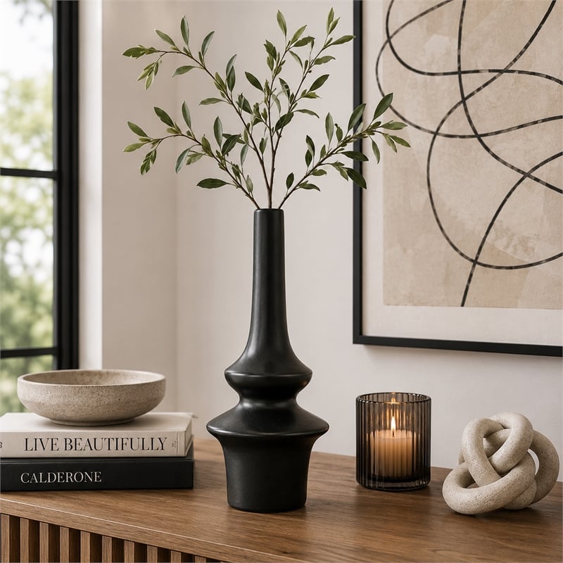 Fea Decorative Flower Vase- Narrow Mouth- Turned Black Ceramic- 17 Inch