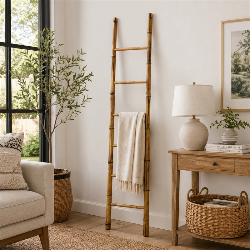 Natural Bamboo Ladder- Decorative and Utility Leaning Rack- 86 Inch Brown