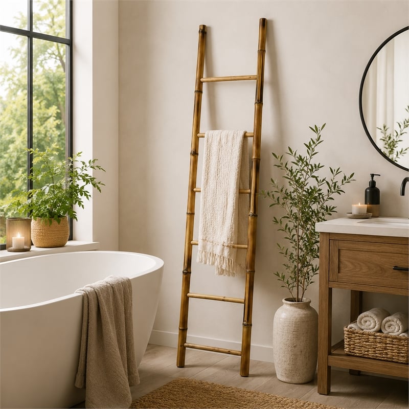 Natural Bamboo Ladder- Decorative and Utility Leaning Rack- 86 Inch Brown