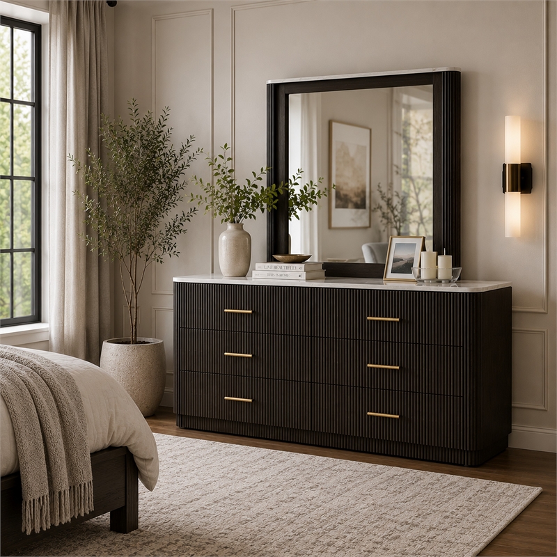 Lim Dresser Mirror- Dark Walnut Brown- Faux Marble- 39x45 Fluted Frame