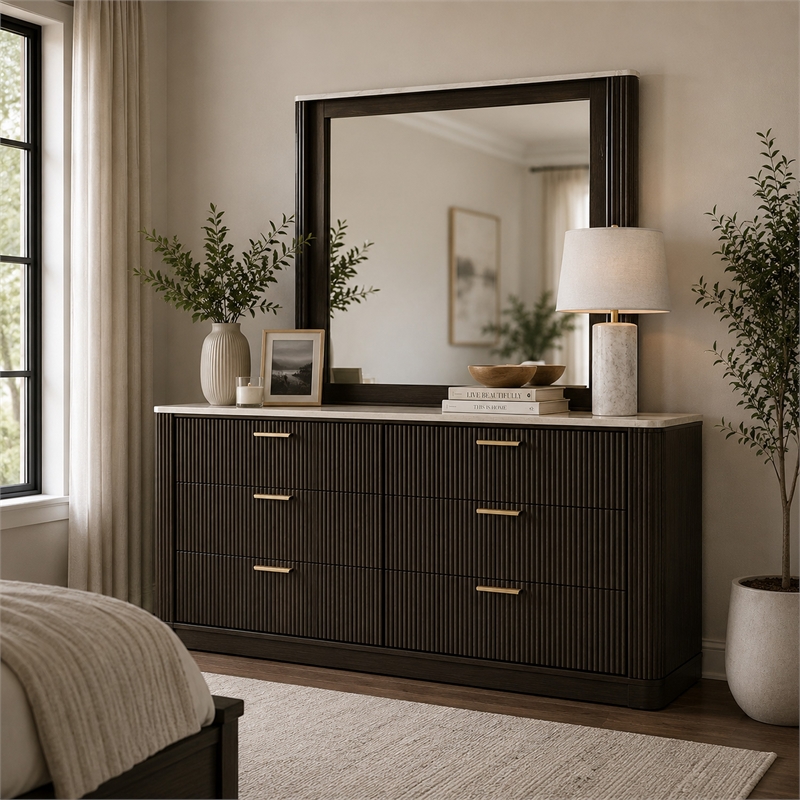 Lim Dresser Mirror- Dark Walnut Brown- Faux Marble- 39x45 Fluted Frame