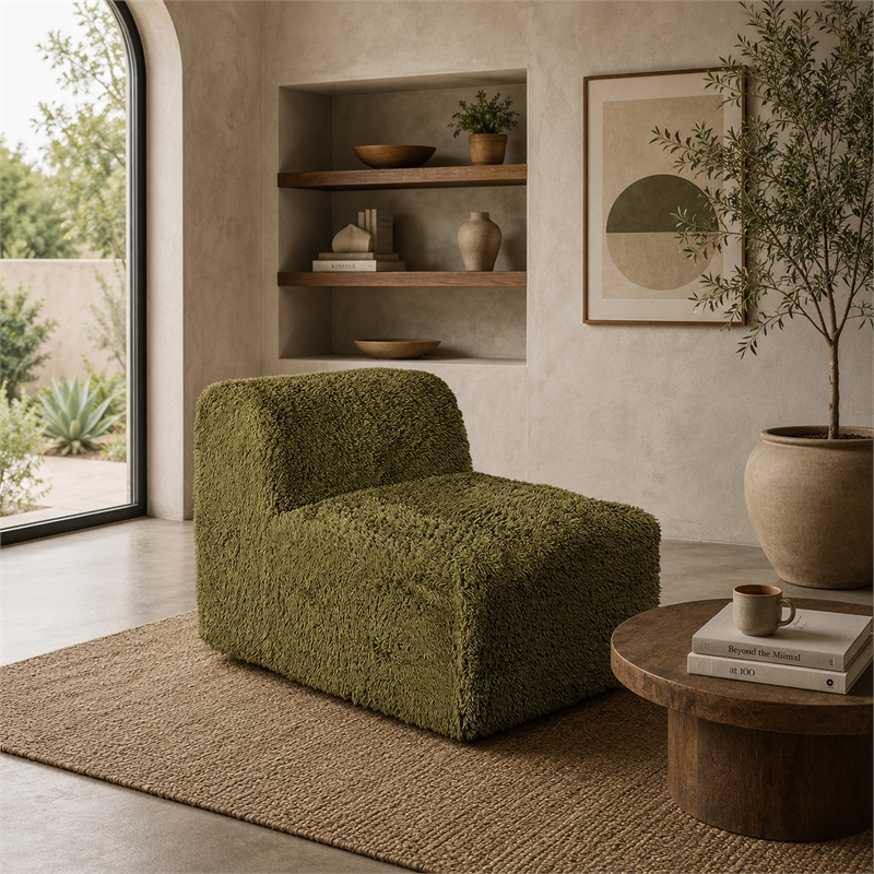 Appi Modular Armless Chair- Compressed Foam Fill Olive Green Faux Fur