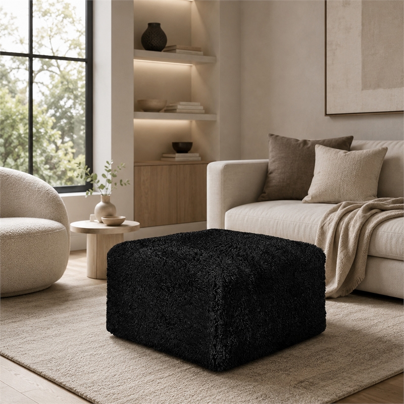 Appi Modular Square Ottoman- Compressed Foam- Black Faux Fur 27 Inch