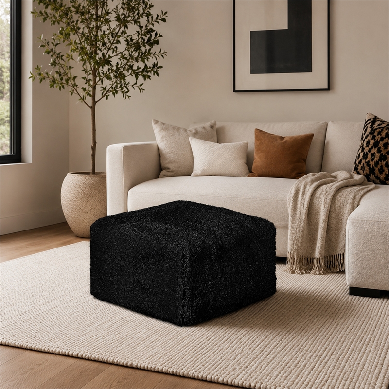 Appi Modular Square Ottoman- Compressed Foam- Black Faux Fur 27 Inch