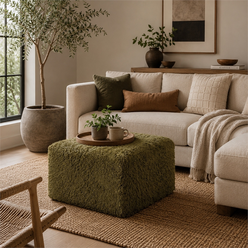 Appi Modular Square Ottoman- Compressed Foam- Olive Green Faux Fur 27 Inch