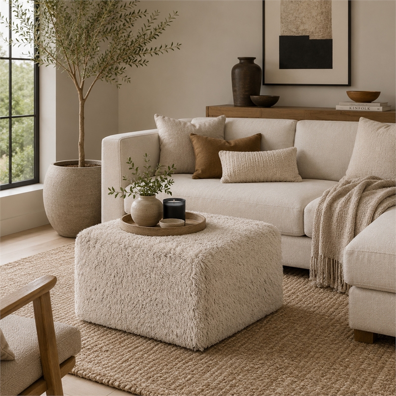 Appi Modular Square Ottoman- Compressed Foam- Taupe Brown Faux Fur 27 Inch