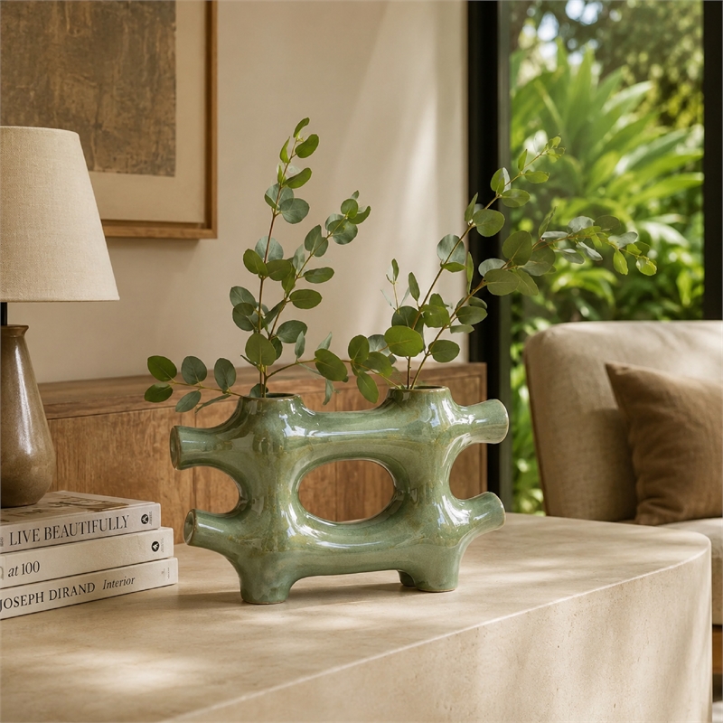 Sculptural Vase Decor - Glazed Abstract Art - 17 Inch Sage Green Ceramic