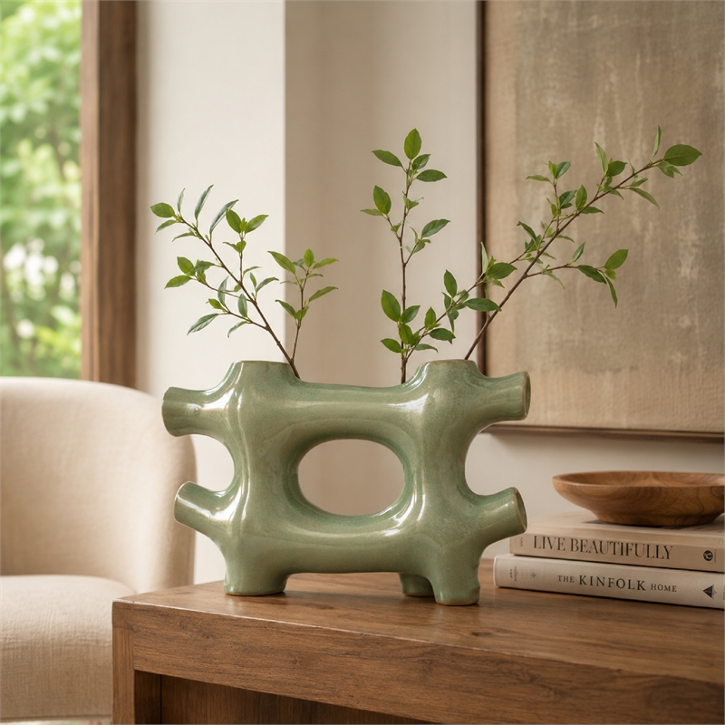 Sculptural Vase Decor - Glazed Abstract Art - 17 Inch Sage Green Ceramic