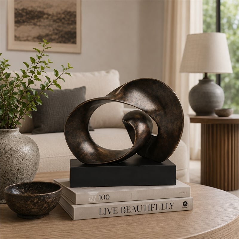 Tabletop Decor - Abstract Loop Sculpture - Plinth Base Bronze Black-11 Inch