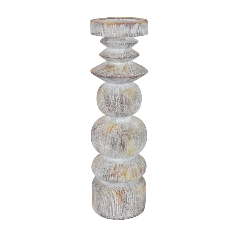 Tabletop Decor Candle Holder - Sculpted Turned Whitewash Resin-18 Inch