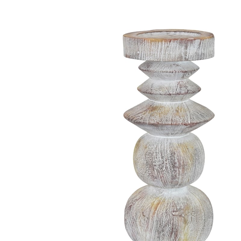 Tabletop Decor Candle Holder - Sculpted Turned Whitewash Resin-18 Inch