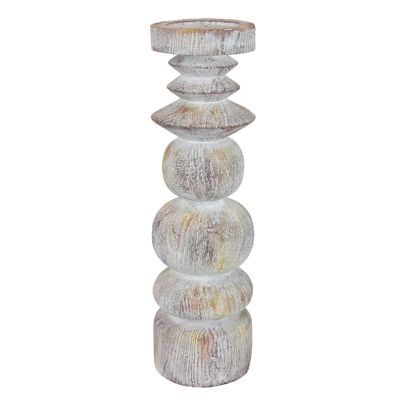 Tabletop Decor Candle Holder - Sculpted Turned Whitewash Resin-18 Inch