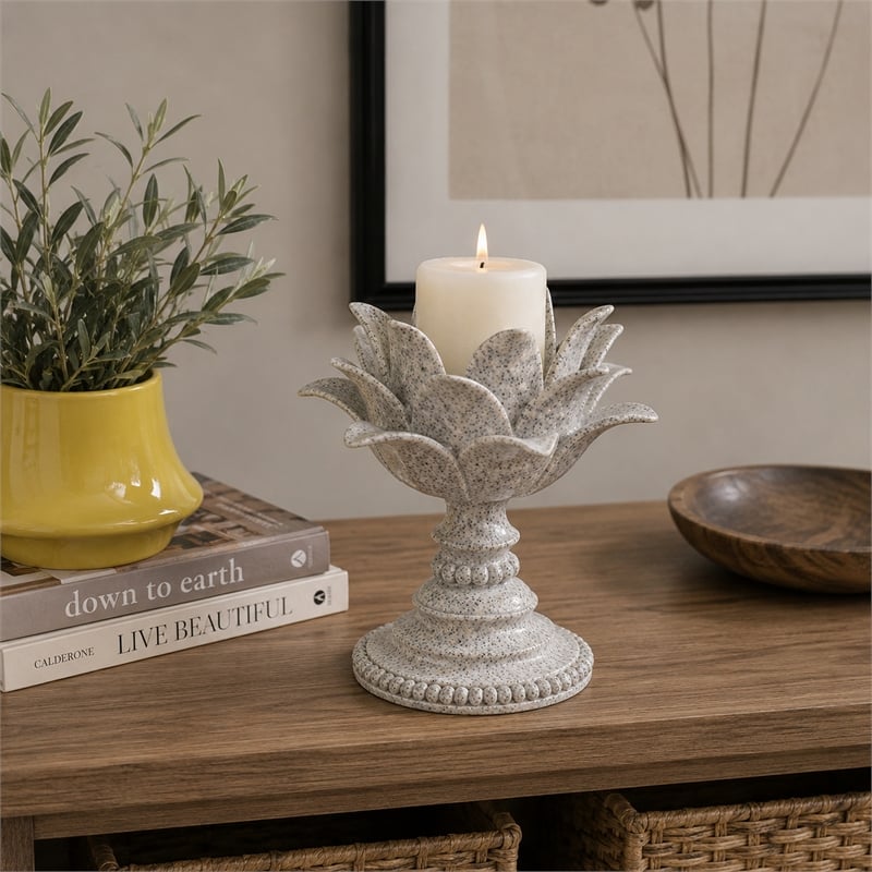 Tabletop Decor Candle Holder - Lotus Leaf Sculptural-Speckled Gray- 10 Inch