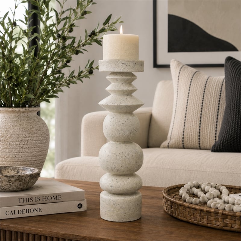 Josi Tabletop Decor Candle Holder- Sculpted Turned White Resin- 18 Inch