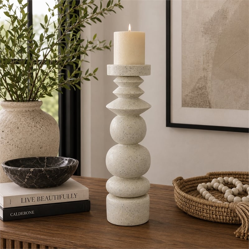 Josi Tabletop Decor Candle Holder- Sculpted Turned White Resin- 18 Inch