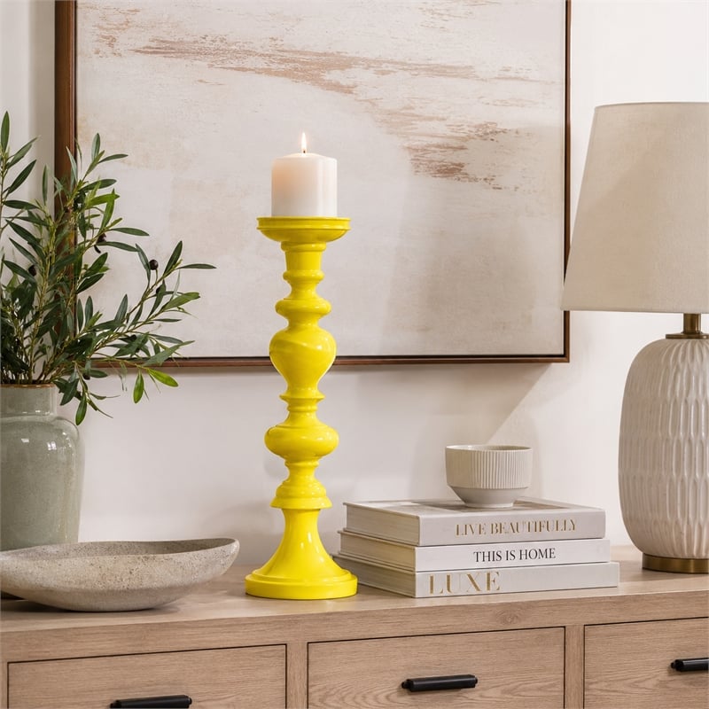 Meo Tabletop Decor Candle Holder- Sculpted Turned Yellow Resin-20 Inch