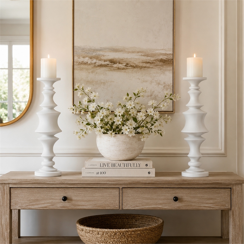 Tabletop Decor Candle Holder-Tiered Baluster Style-White Resin-18 Inch