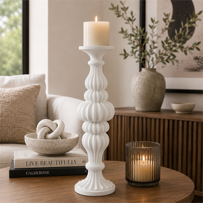 Tabletop Decor Candle Holder-Fluted Turned Baluster- White Resin- 18 Inch