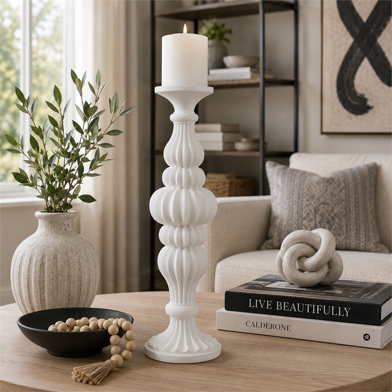Tabletop Decor Candle Holder-Fluted Turned Baluster- White Resin- 18 Inch