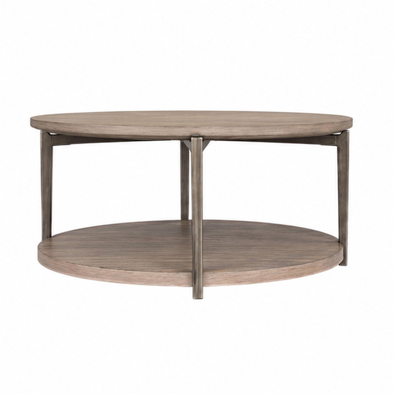 Jesy Coffee Table- 43 Inch Round Top with Lower Shelf- Natural Brown