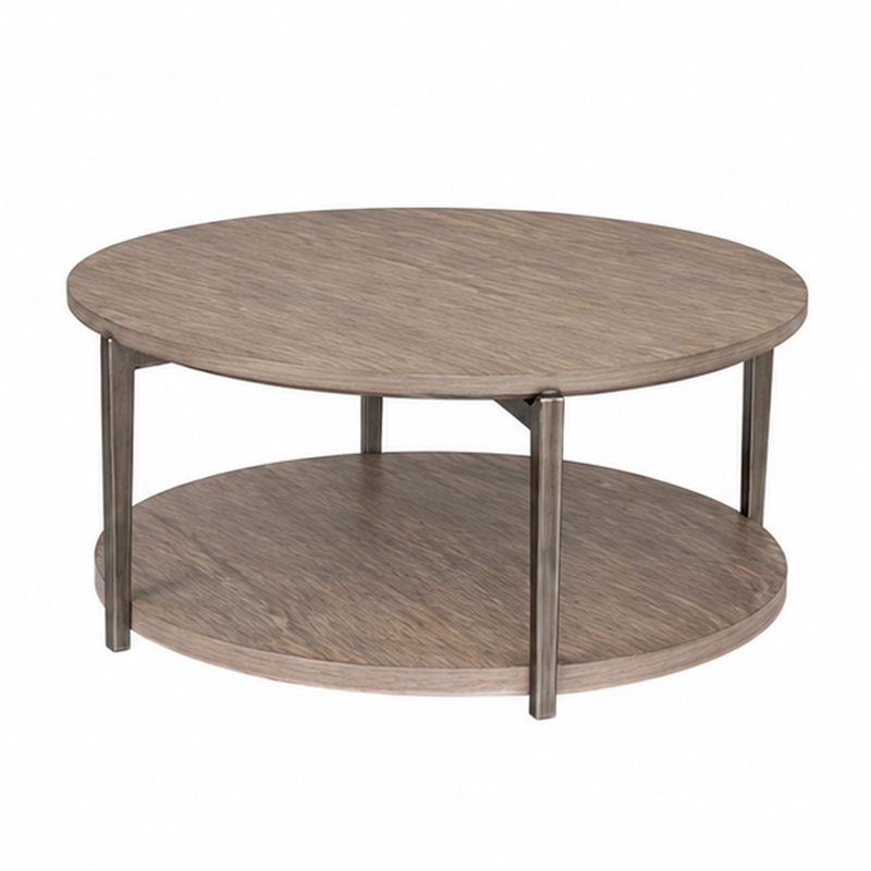 Jesy Coffee Table- 43 Inch Round Top with Lower Shelf- Natural Brown