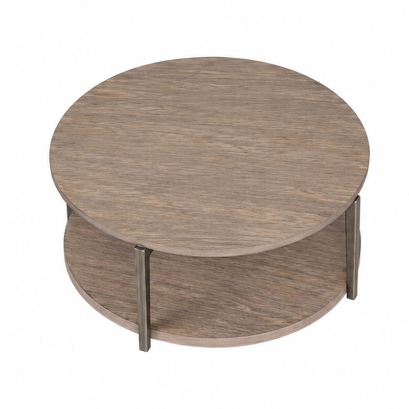 Jesy Coffee Table- 43 Inch Round Top with Lower Shelf- Natural Brown